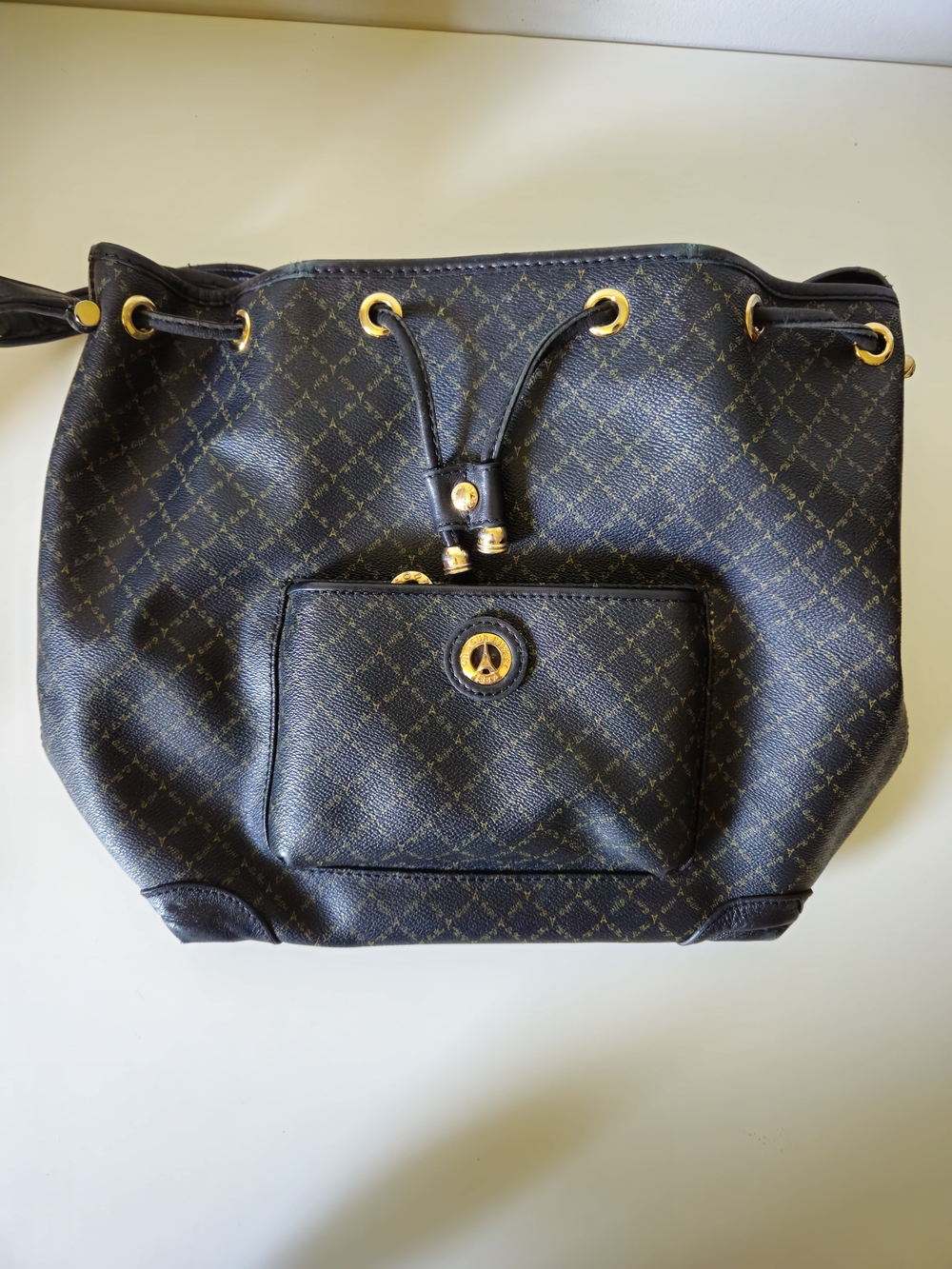 Vintage EIFFEL Genuine Leather Black Drawstring Tote with Gold Hardware
